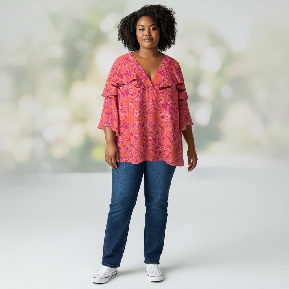 The Pioneer Woman Pink and Orange Ruffle Floral Top XXL Stunning